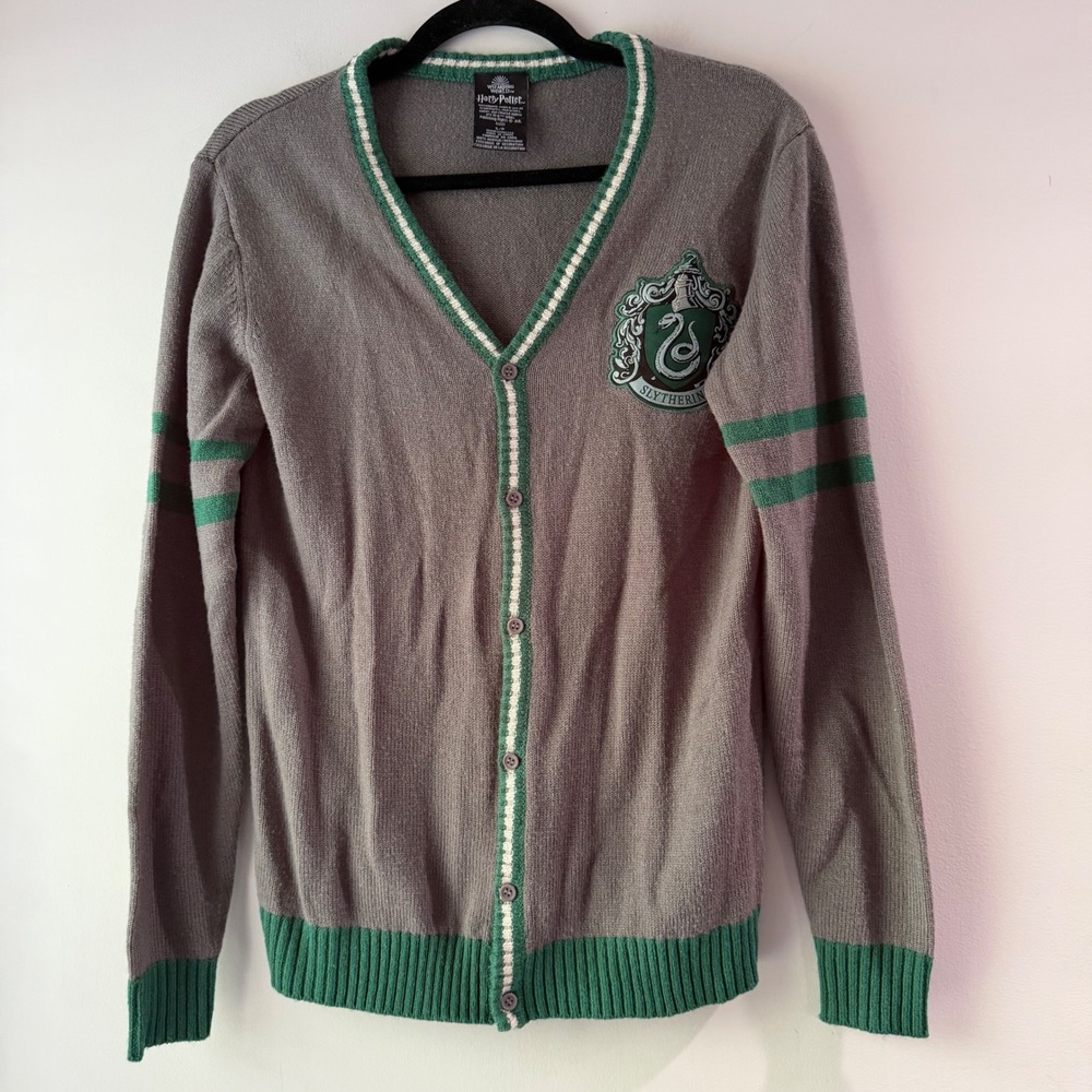 Harry Potter Slytherin Cardigan Sweater Small Grey Green Varsity Excellent